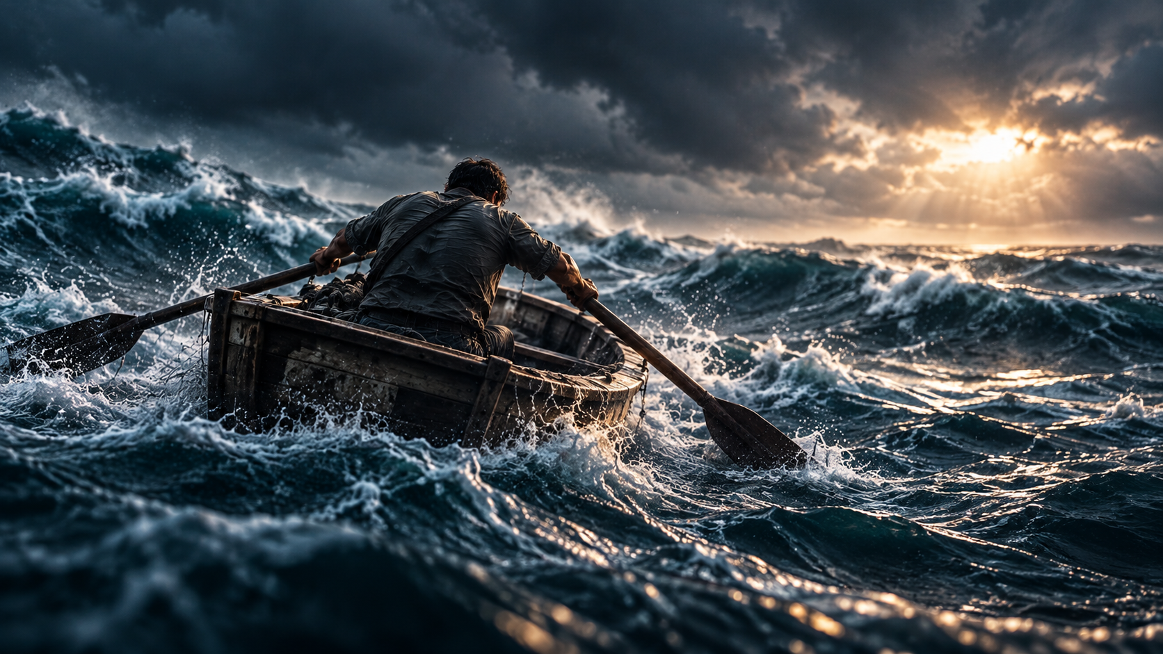 Uma pessoa rema sozinha em um pequeno barco, enfrentando águas agitadas